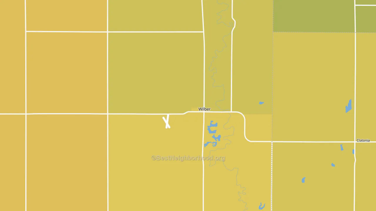 Map of the best neighborhoods in the 68465 area, with better matches in green and worse matches in red