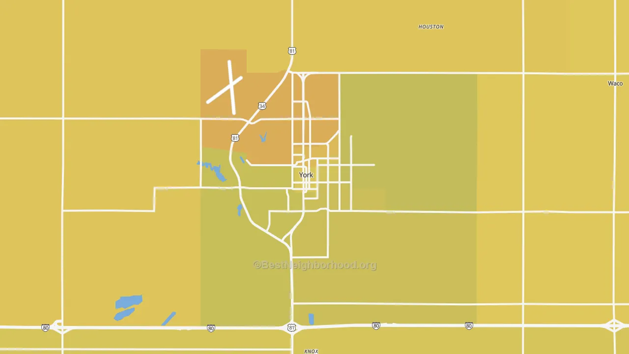 Map of the best neighborhoods in the 68467 area, with better matches in green and worse matches in red