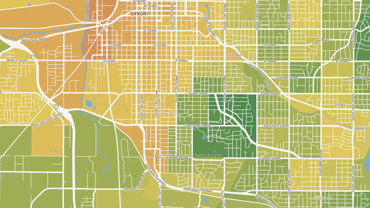 Map of the best neighborhoods in the 68502 area, with better matches in green and worse matches in red