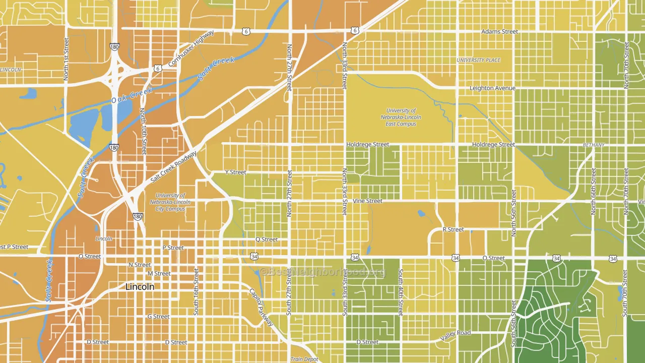 Map of the best neighborhoods in the 68503 area, with better matches in green and worse matches in red