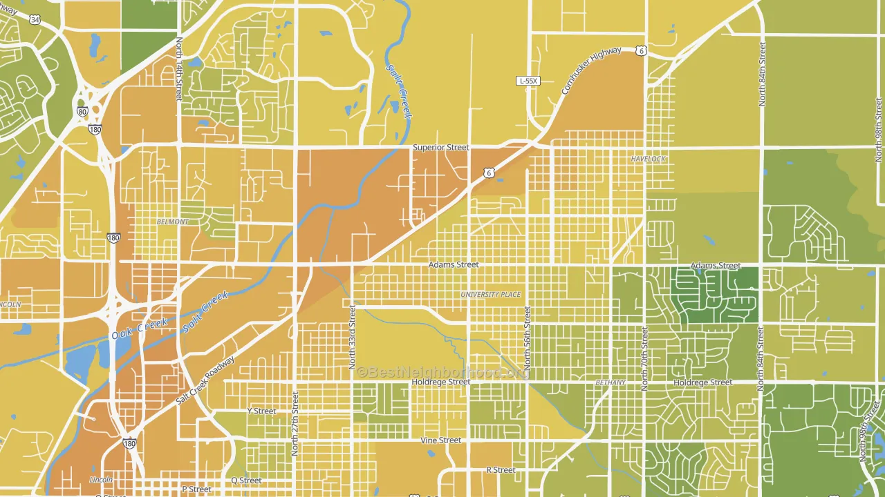 Map of the best neighborhoods in the 68504 area, with better matches in green and worse matches in red