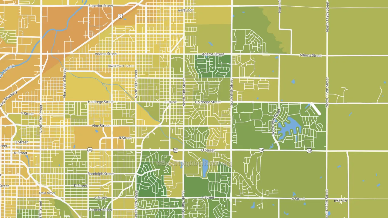 Map of the best neighborhoods in the 68505 area, with better matches in green and worse matches in red