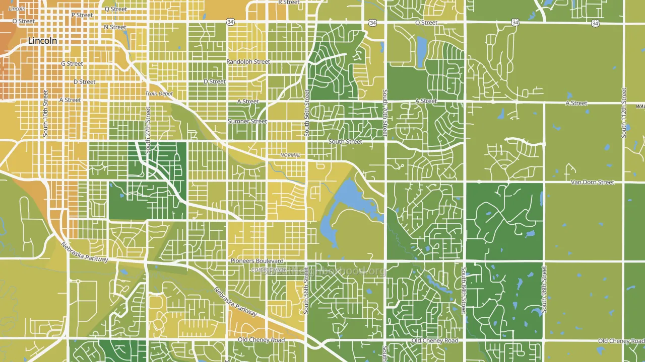 Map of the best neighborhoods in the 68506 area, with better matches in green and worse matches in red
