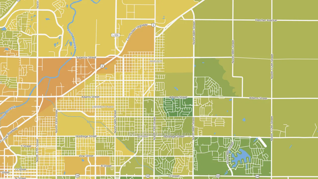 Map of the best neighborhoods in the 68507 area, with better matches in green and worse matches in red
