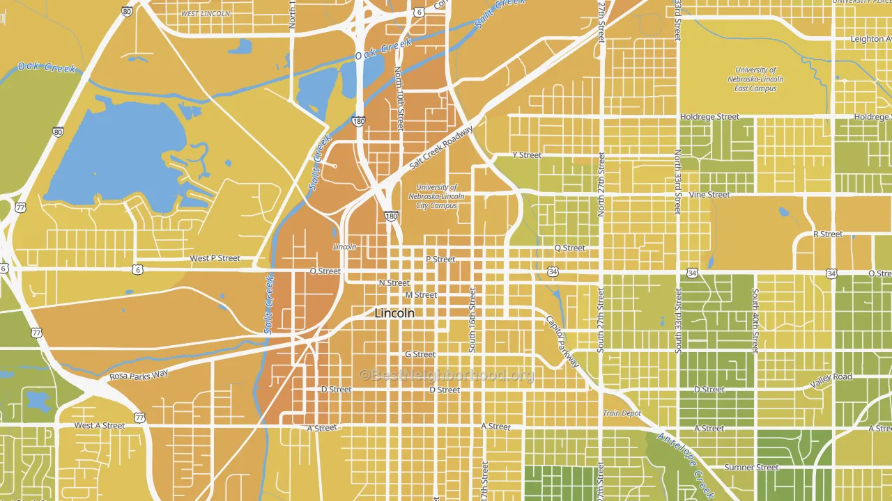 Map of the best neighborhoods in the 68508 area, with better matches in green and worse matches in red