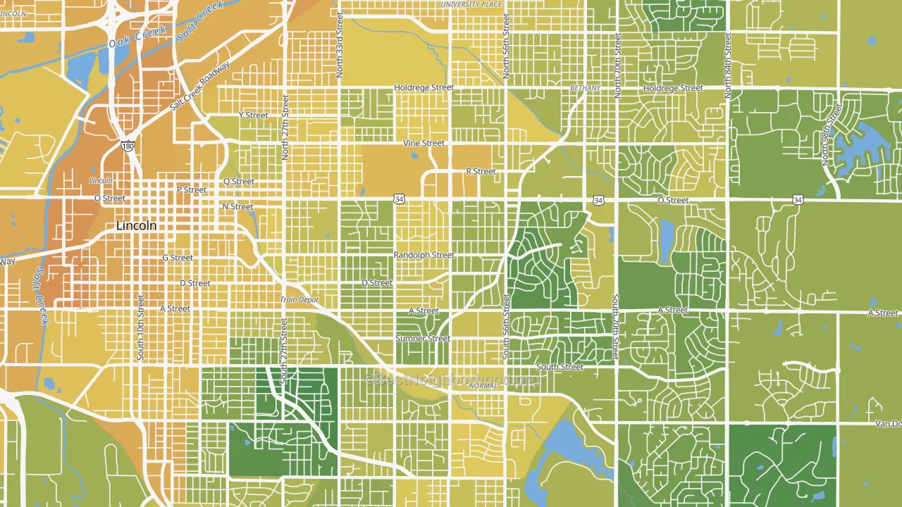 Map of the best neighborhoods in the 68510 area, with better matches in green and worse matches in red