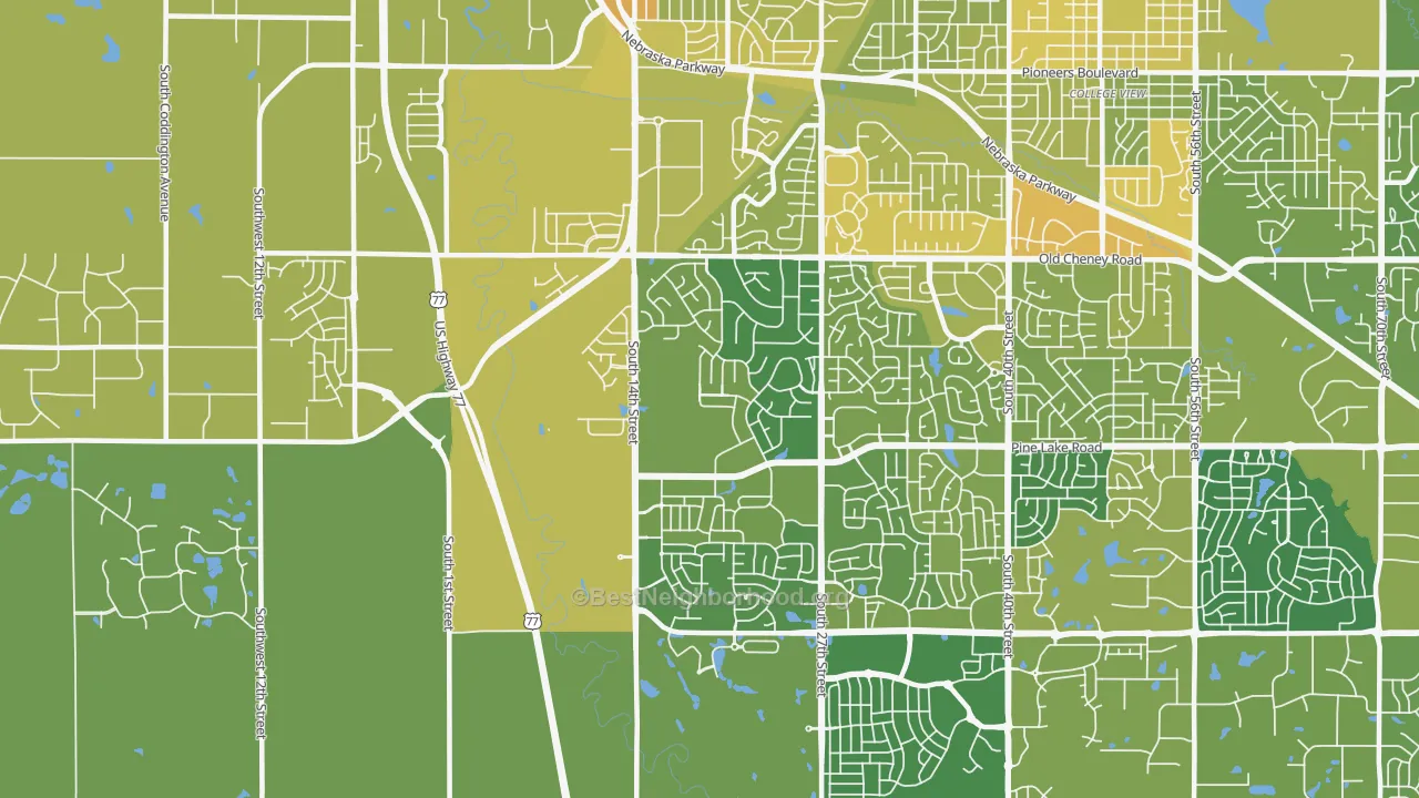 Map of the best neighborhoods in the 68512 area, with better matches in green and worse matches in red
