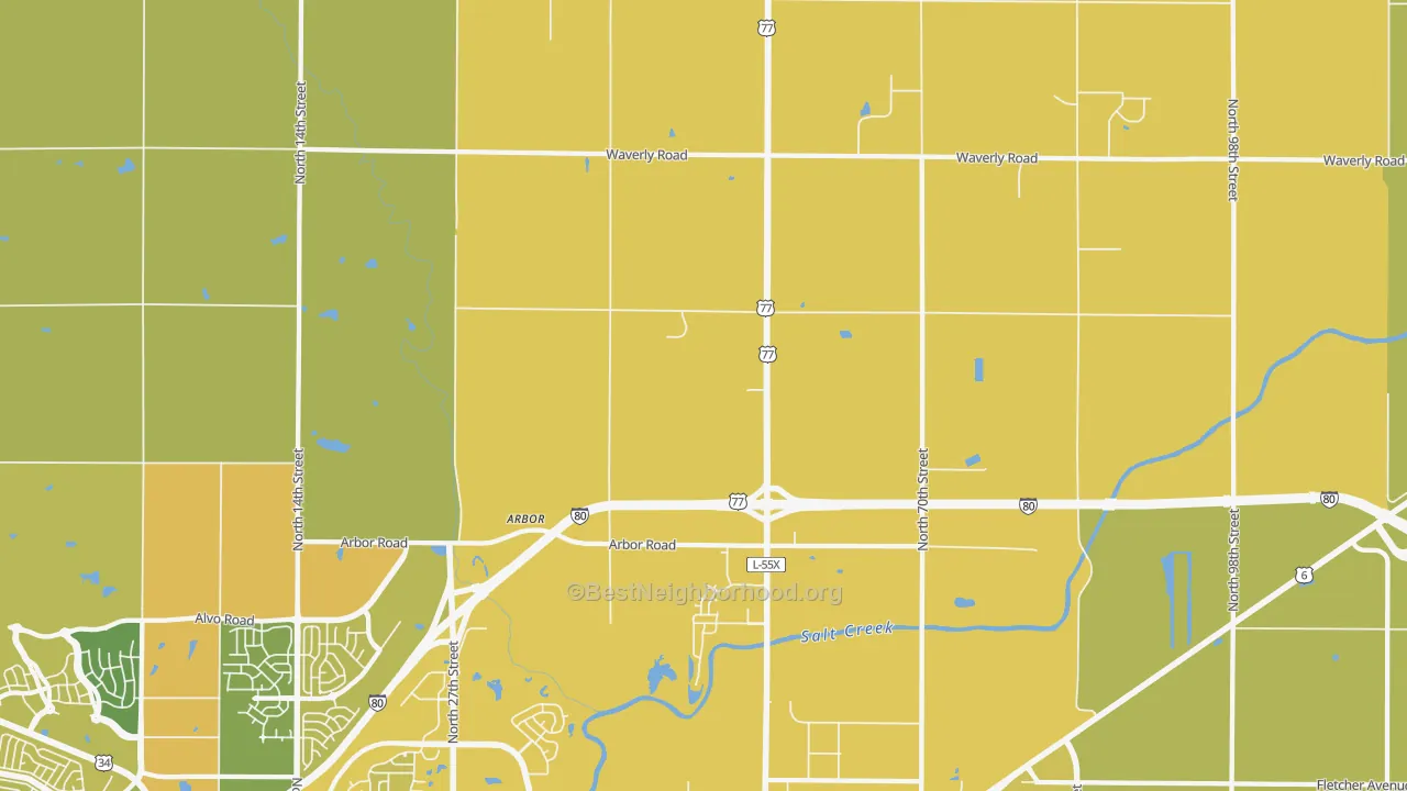 Map of the best neighborhoods in the 68514 area, with better matches in green and worse matches in red