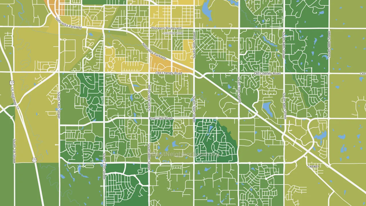 Map of the best neighborhoods in the 68516 area, with better matches in green and worse matches in red