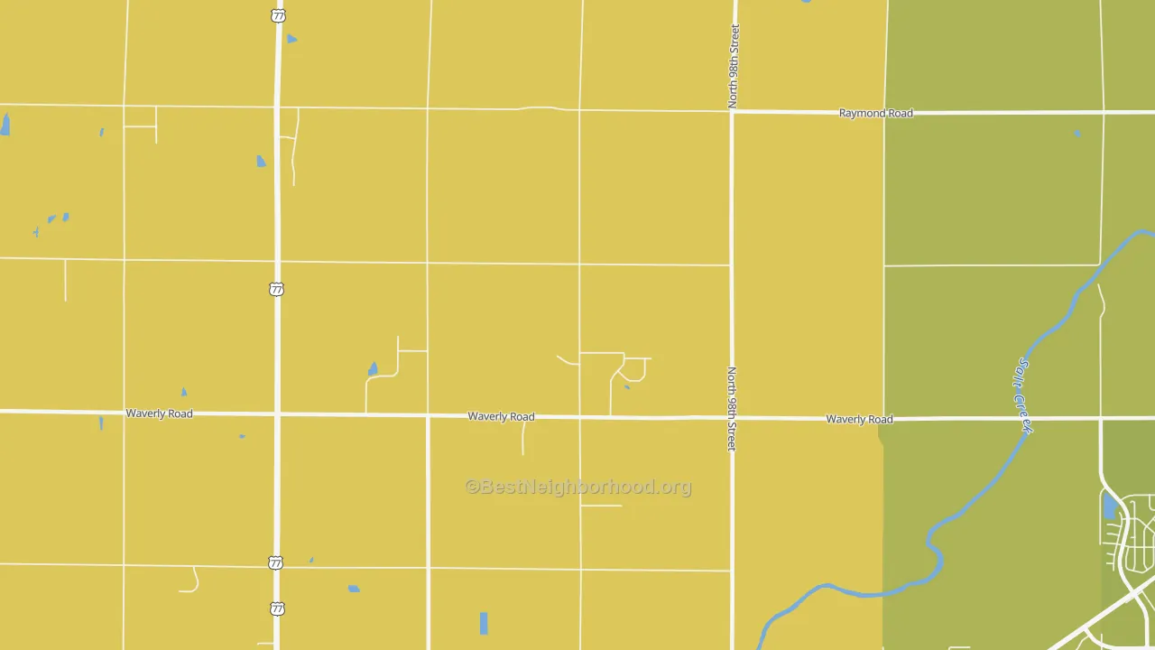 Map of the best neighborhoods in the 68517 area, with better matches in green and worse matches in red