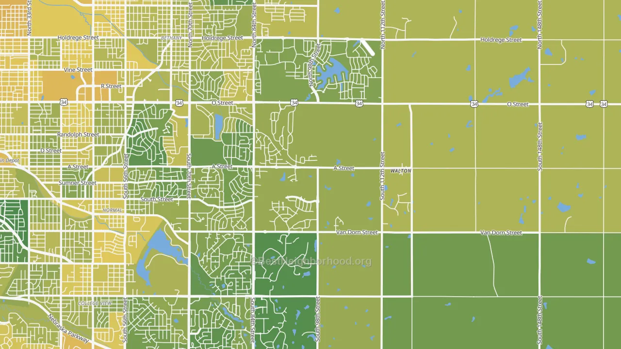 Map of the best neighborhoods in the 68520 area, with better matches in green and worse matches in red