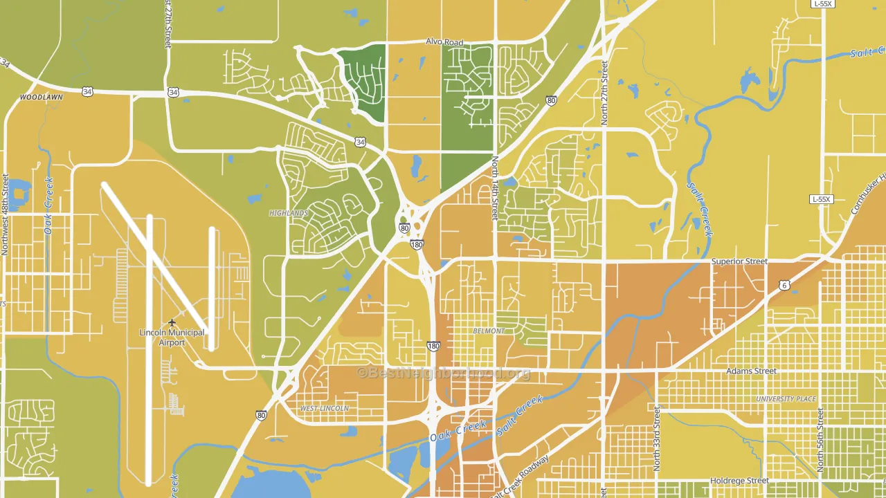 Map of the best neighborhoods in the 68521 area, with better matches in green and worse matches in red
