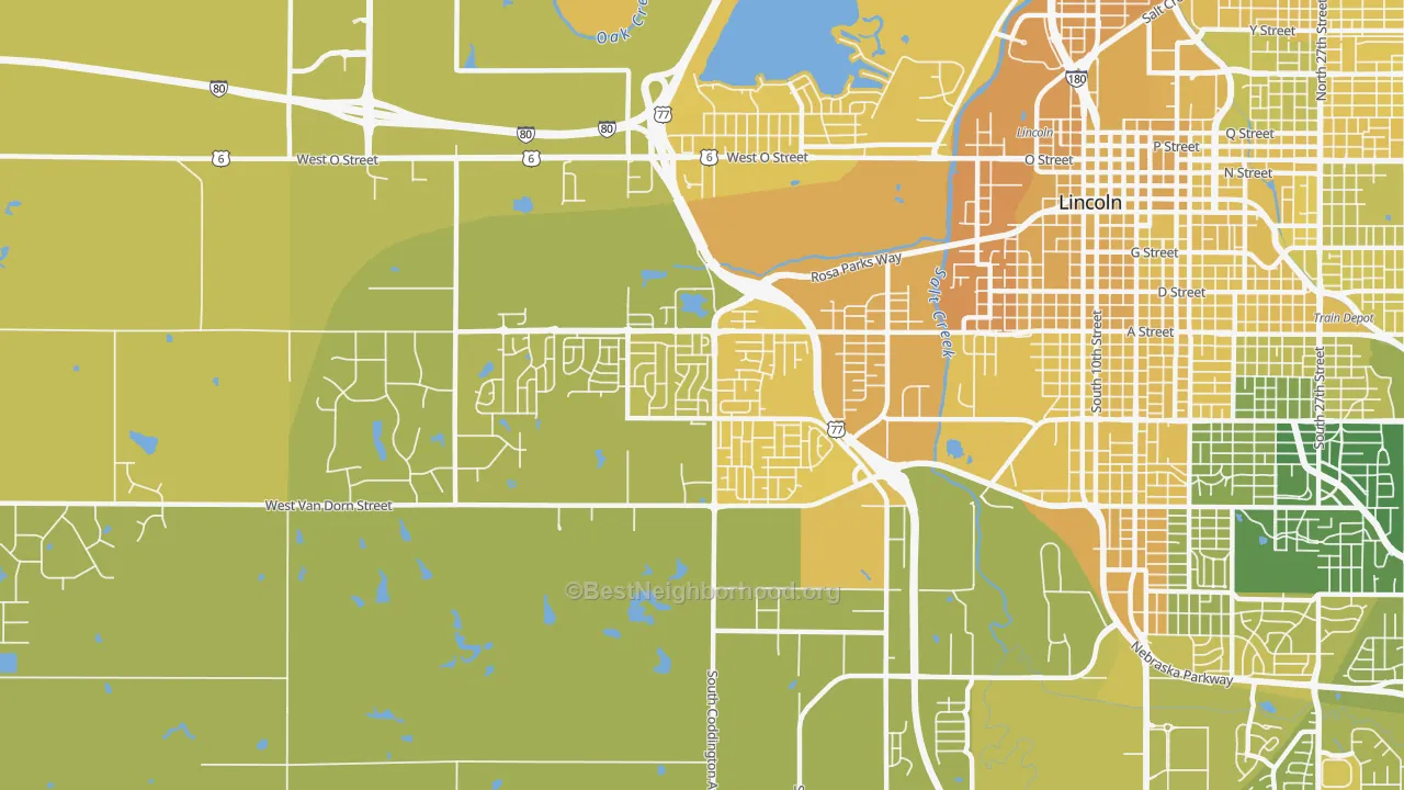 Map of the best neighborhoods in the 68522 area, with better matches in green and worse matches in red