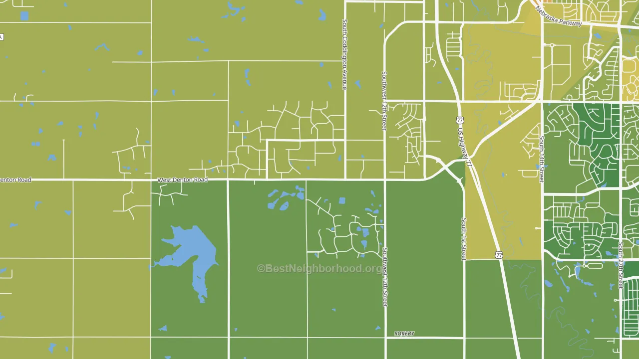 Map of the best neighborhoods in the 68523 area, with better matches in green and worse matches in red