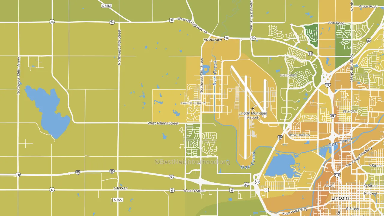 Map of the best neighborhoods in the 68524 area, with better matches in green and worse matches in red