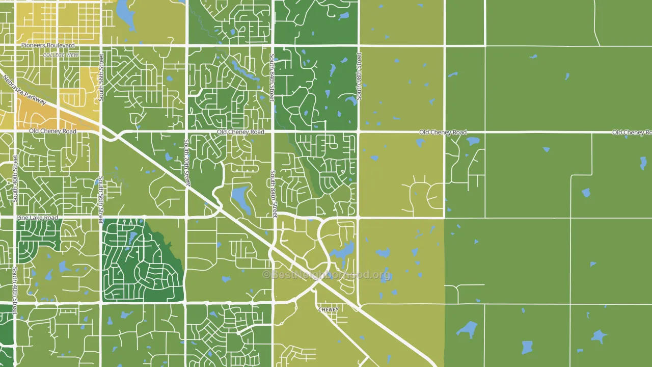 Map of the best neighborhoods in the 68526 area, with better matches in green and worse matches in red