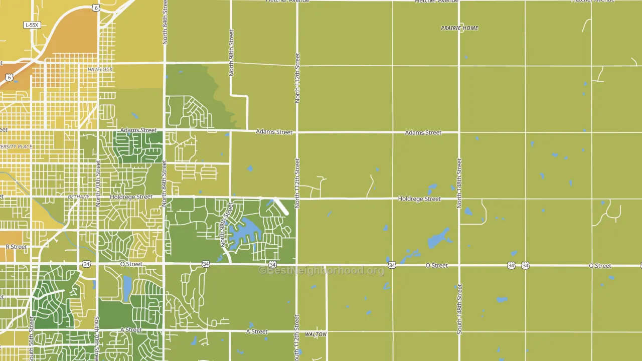 Map of the best neighborhoods in the 68527 area, with better matches in green and worse matches in red