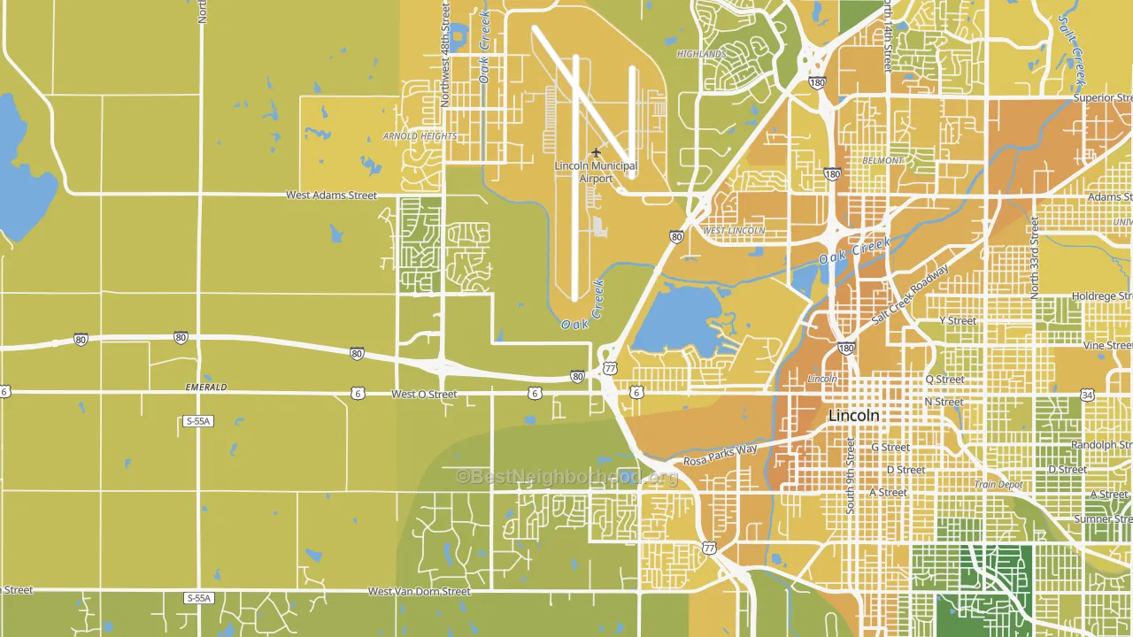 Map of the best neighborhoods in the 68528 area, with better matches in green and worse matches in red