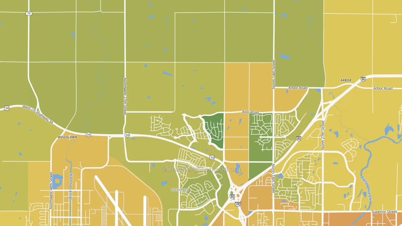 Map of the best neighborhoods in the 68531 area, with better matches in green and worse matches in red
