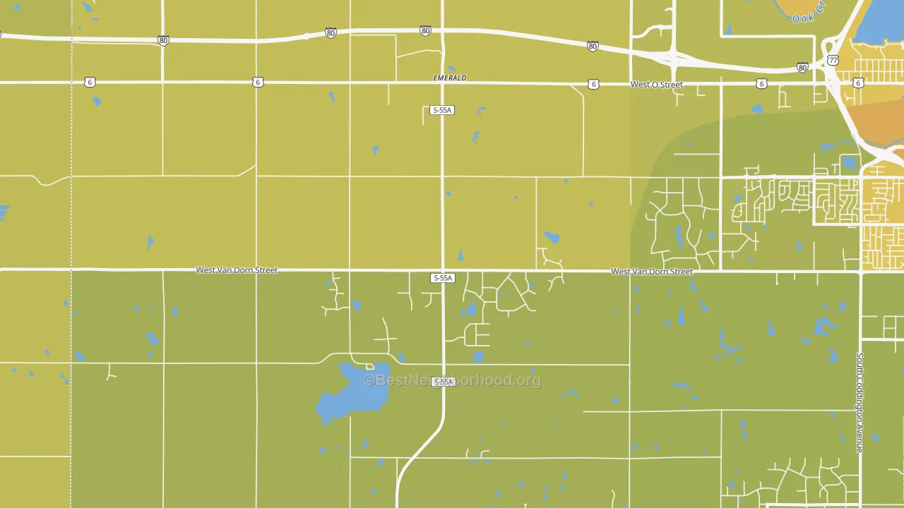 Map of the best neighborhoods in the 68532 area, with better matches in green and worse matches in red