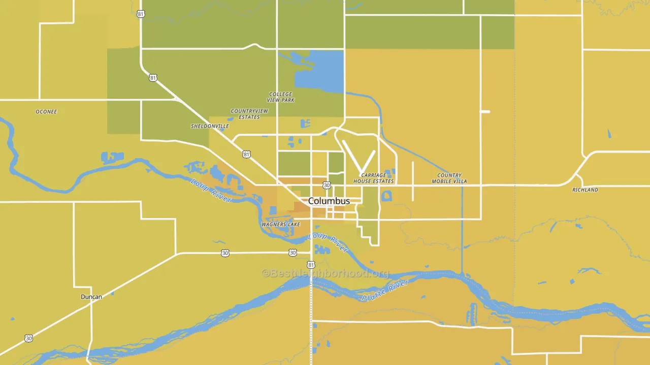 Map of the best neighborhoods in the 68601 area, with better matches in green and worse matches in red