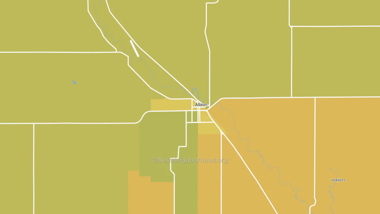 Map of the best neighborhoods in the 68620 area, with better matches in green and worse matches in red