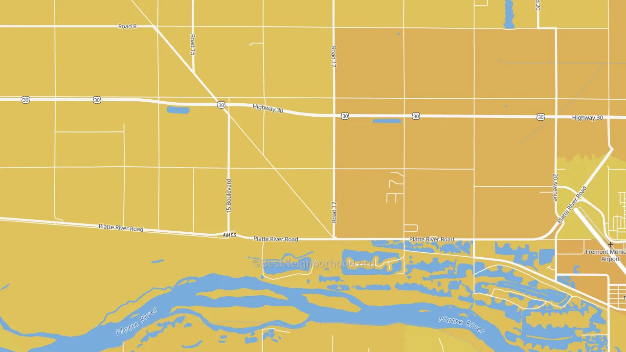 Map of the best neighborhoods in the 68621 area, with better matches in green and worse matches in red
