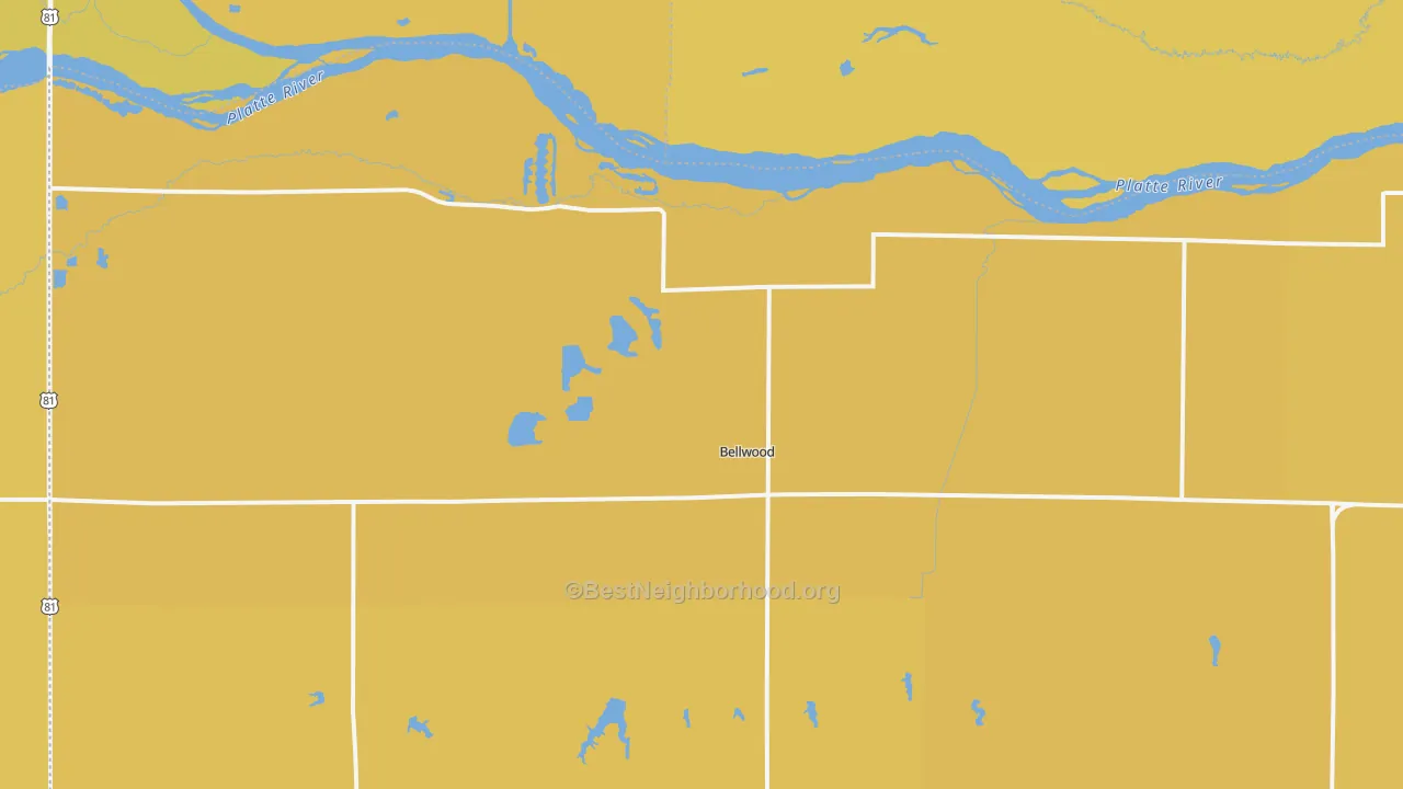 Map of the best neighborhoods in the 68624 area, with better matches in green and worse matches in red