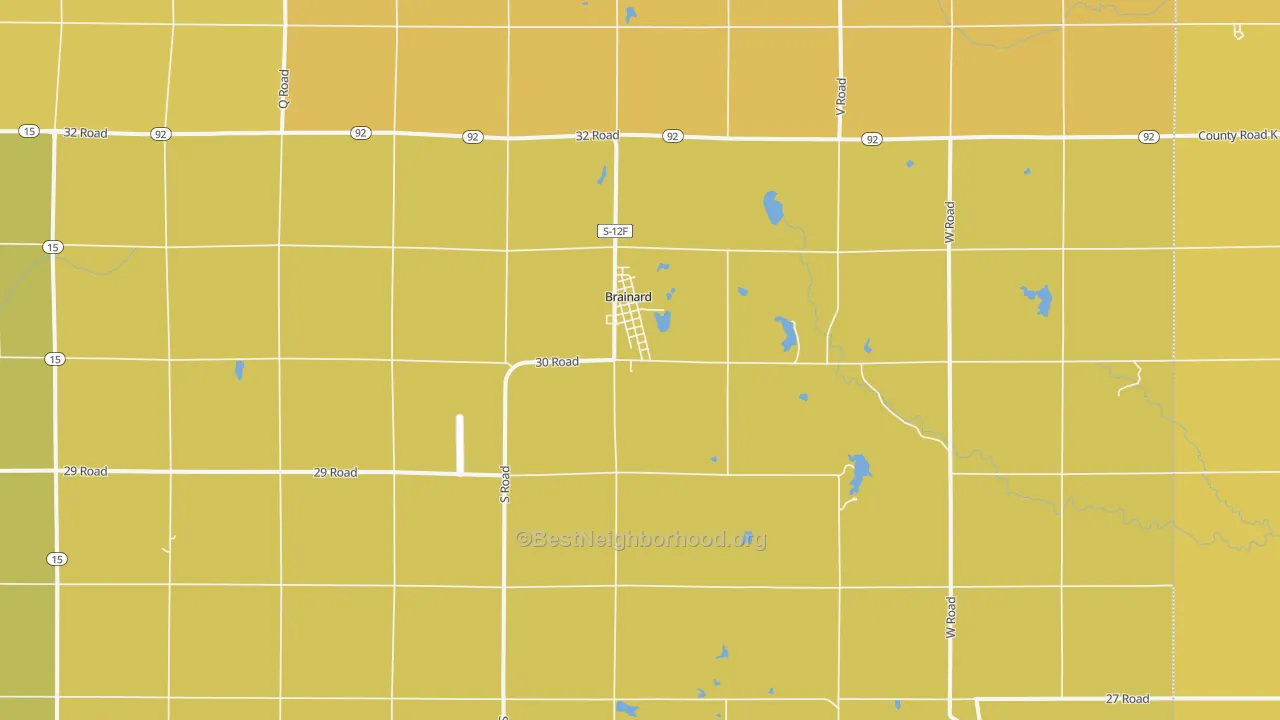 Map of the best neighborhoods in the 68626 area, with better matches in green and worse matches in red