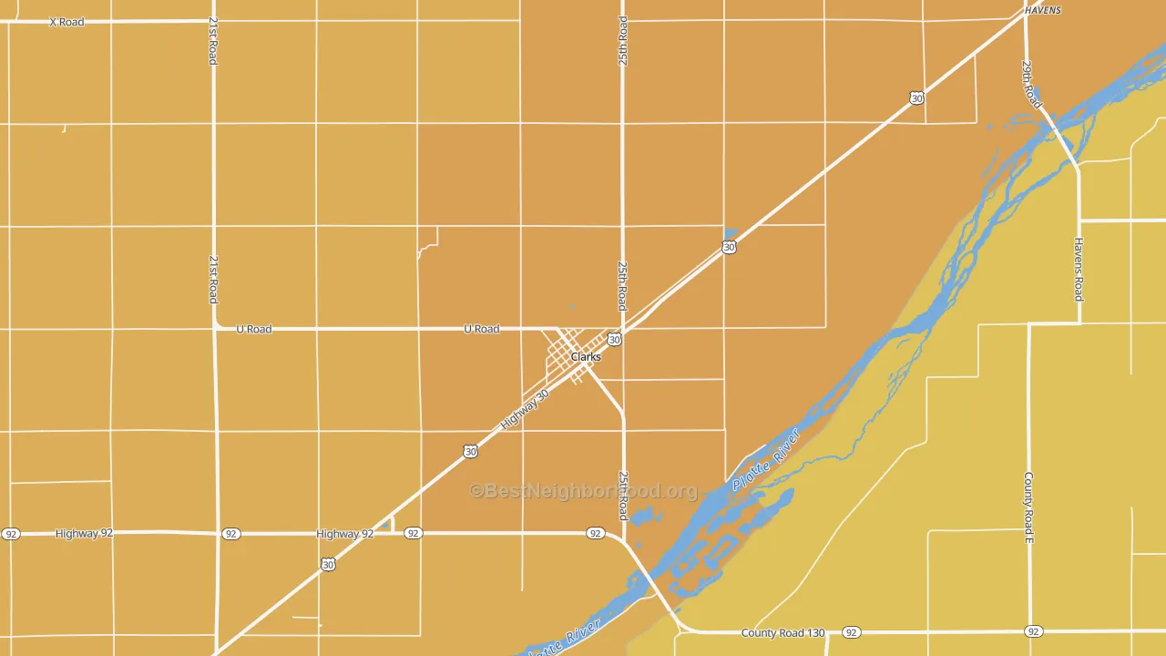 Map of the best neighborhoods in the 68628 area, with better matches in green and worse matches in red