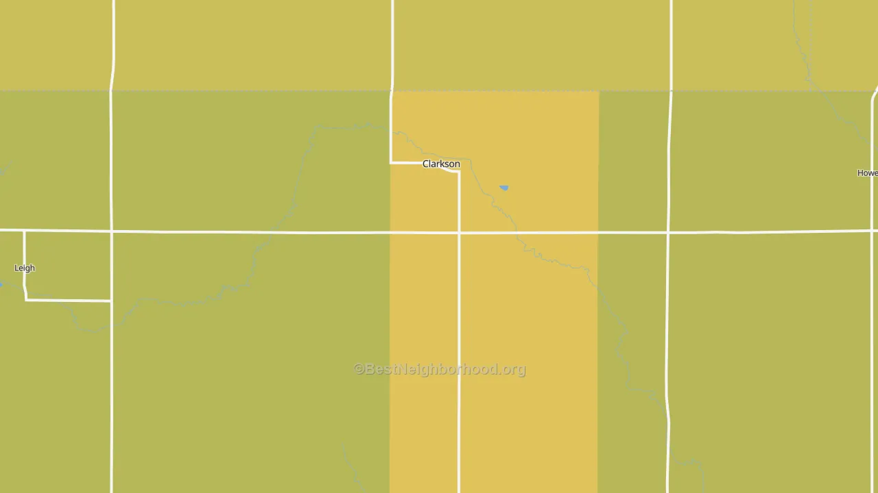 Map of the best neighborhoods in the 68629 area, with better matches in green and worse matches in red