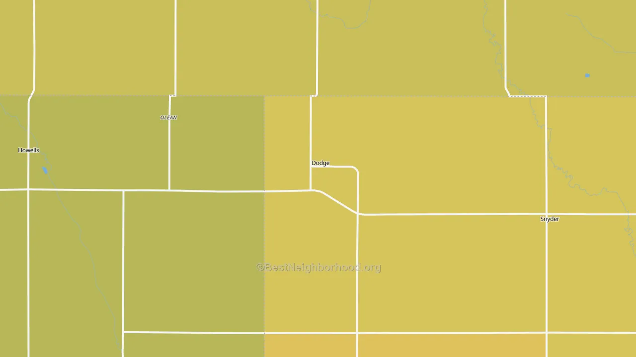 Map of the best neighborhoods in the 68633 area, with better matches in green and worse matches in red
