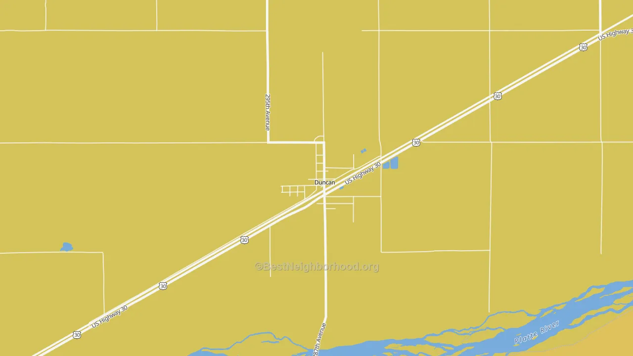 Map of the best neighborhoods in the 68634 area, with better matches in green and worse matches in red