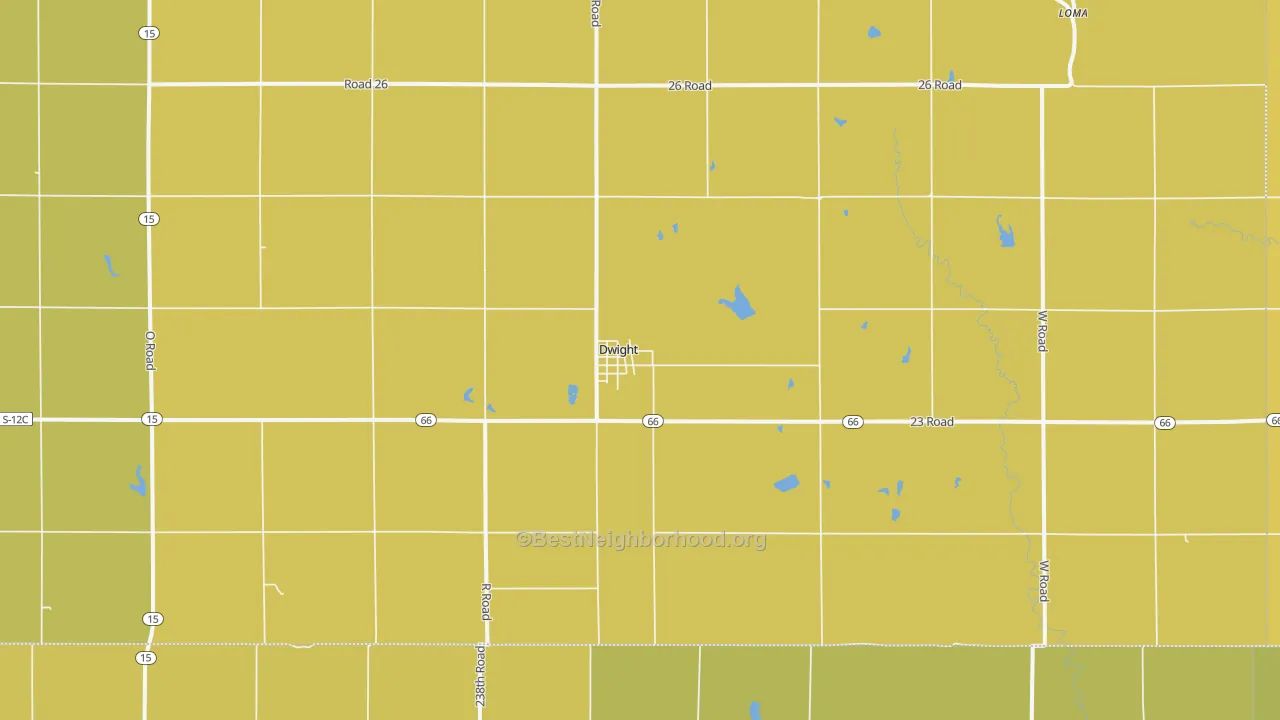 Map of the best neighborhoods in the 68635 area, with better matches in green and worse matches in red