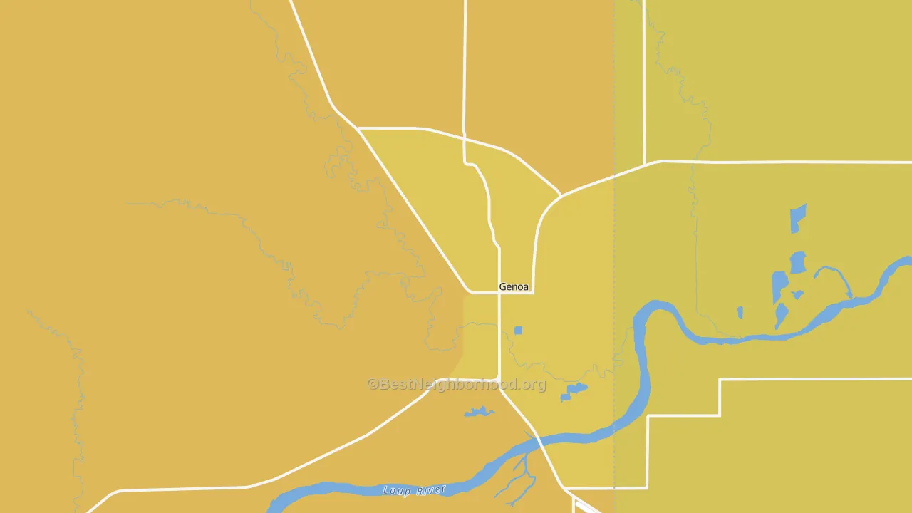 Map of the best neighborhoods in the 68640 area, with better matches in green and worse matches in red