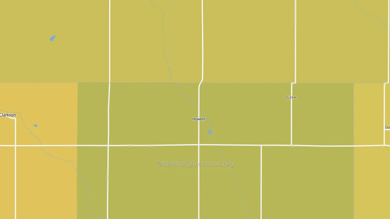 Map of the best neighborhoods in the 68641 area, with better matches in green and worse matches in red