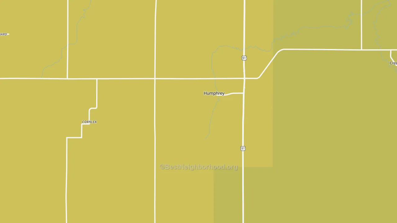 Map of the best neighborhoods in the 68642 area, with better matches in green and worse matches in red