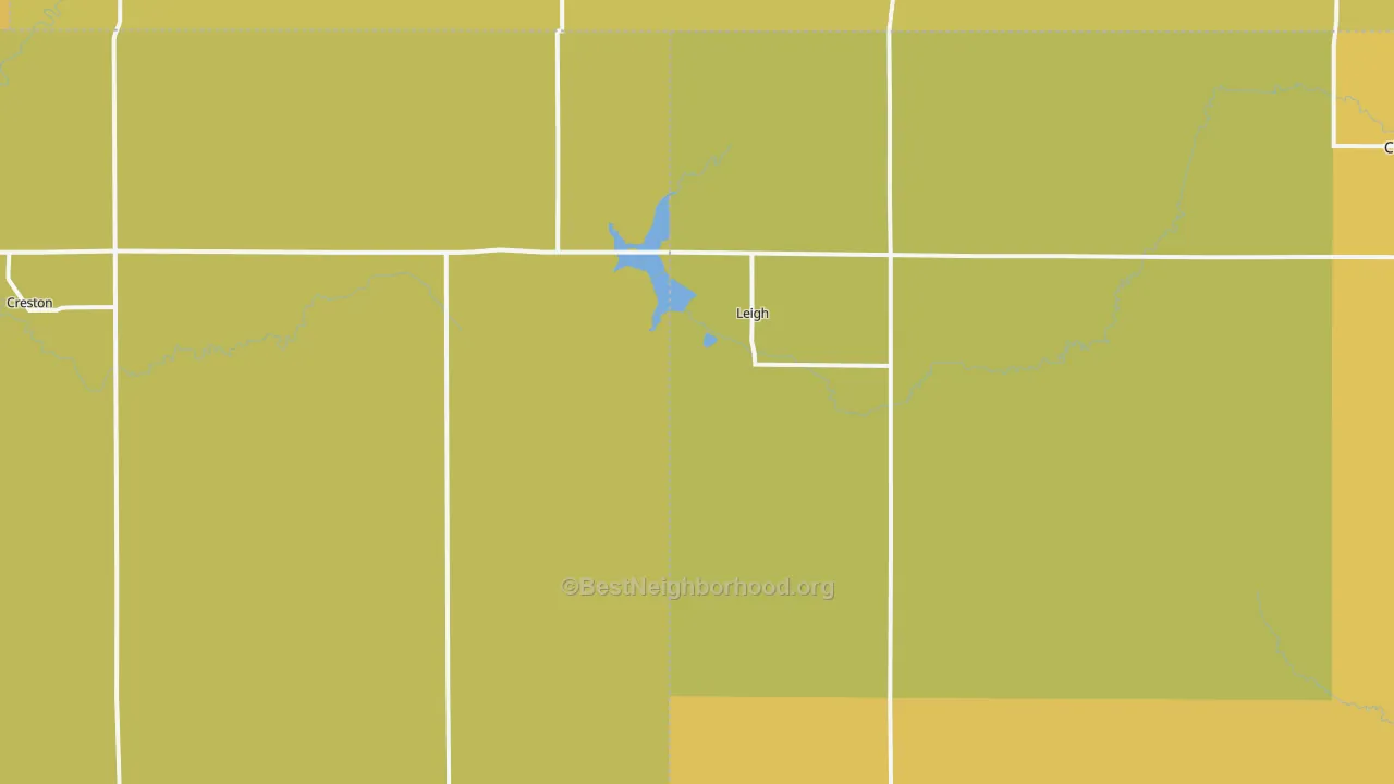 Map of the best neighborhoods in the 68643 area, with better matches in green and worse matches in red