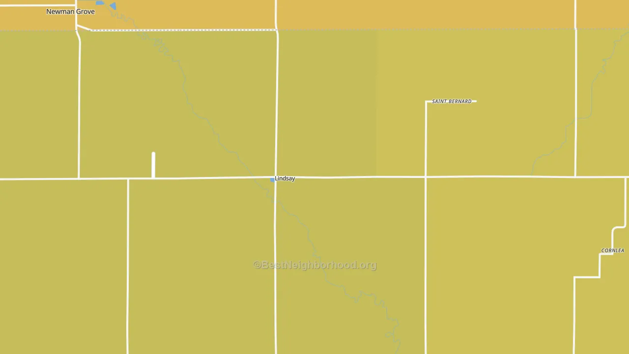 Map of the best neighborhoods in the 68644 area, with better matches in green and worse matches in red