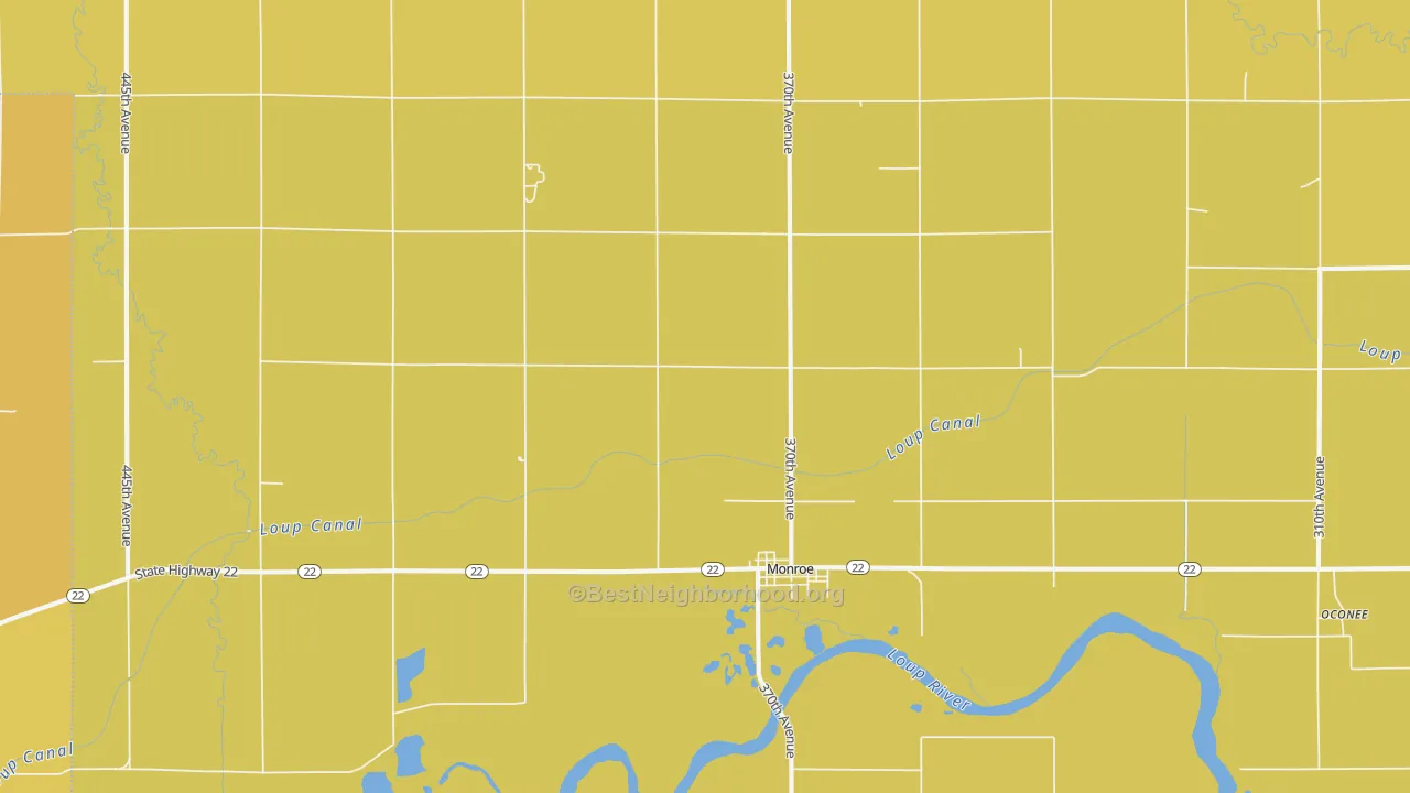 Map of the best neighborhoods in the 68647 area, with better matches in green and worse matches in red