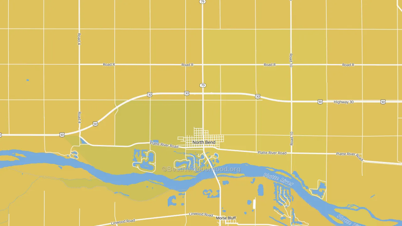 Map of the best neighborhoods in the 68649 area, with better matches in green and worse matches in red