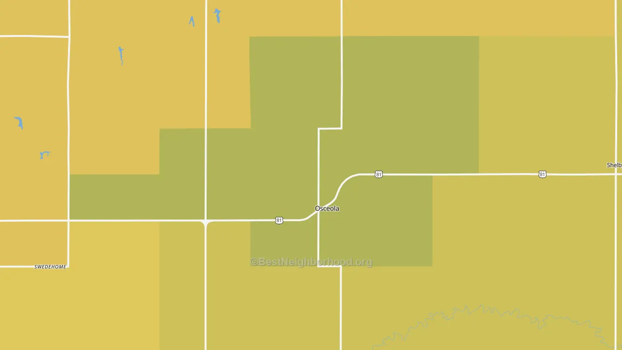 Map of the best neighborhoods in the 68651 area, with better matches in green and worse matches in red