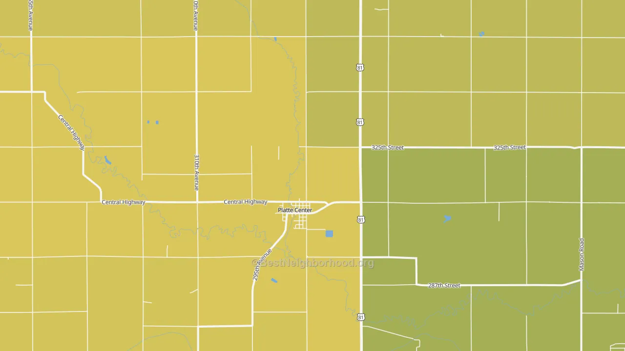 Map of the best neighborhoods in the 68653 area, with better matches in green and worse matches in red