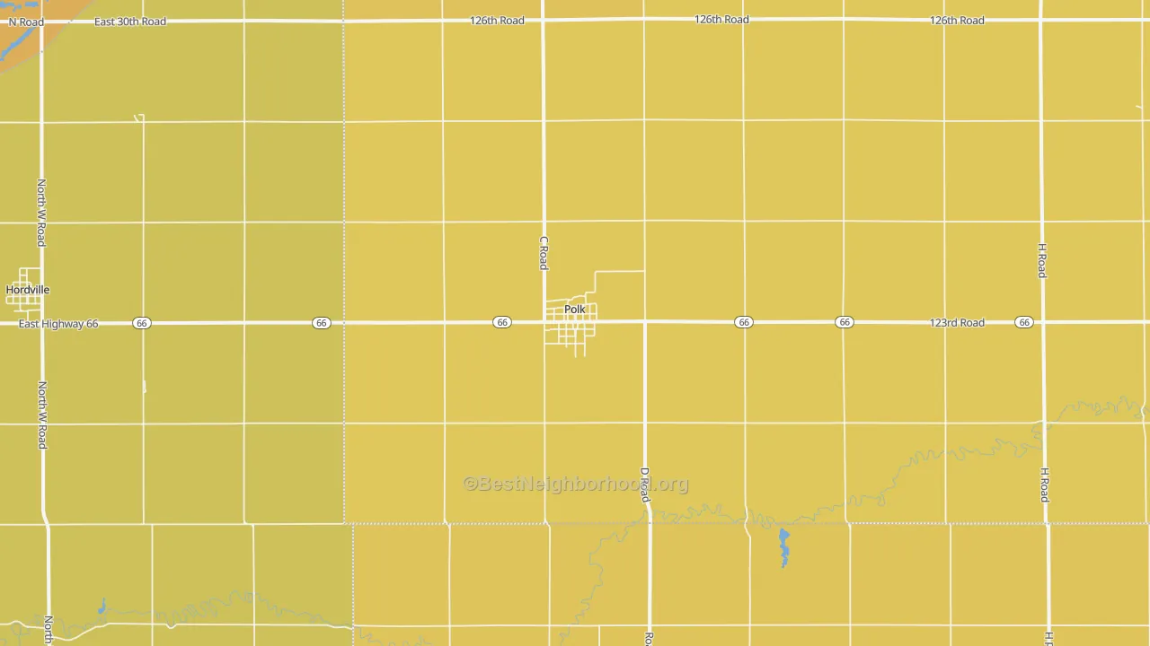 Map of the best neighborhoods in the 68654 area, with better matches in green and worse matches in red