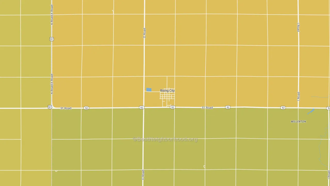 Map of the best neighborhoods in the 68658 area, with better matches in green and worse matches in red
