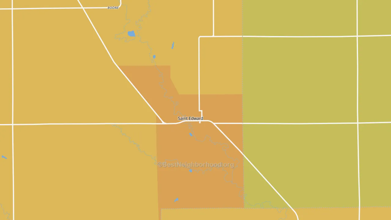 Map of the best neighborhoods in the 68660 area, with better matches in green and worse matches in red