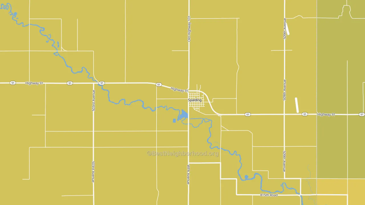Map of the best neighborhoods in the 68665 area, with better matches in green and worse matches in red