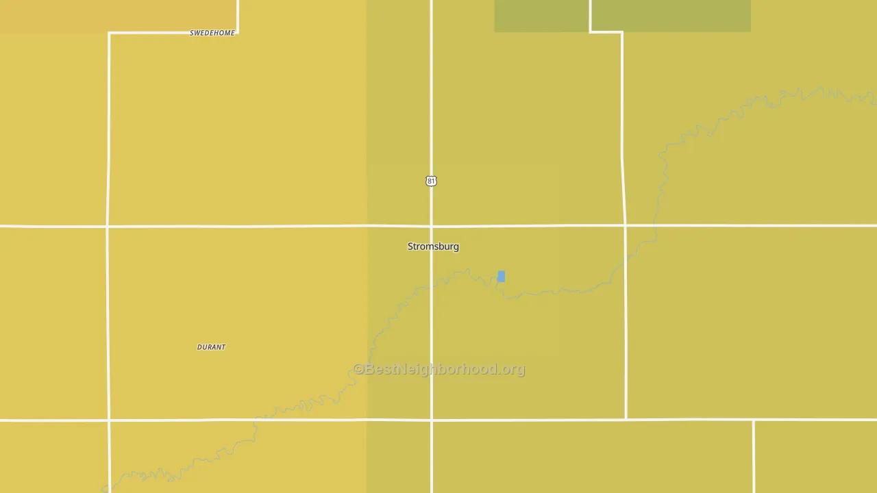 Map of the best neighborhoods in the 68666 area, with better matches in green and worse matches in red