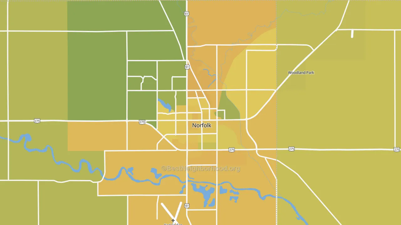Map of the best neighborhoods in the 68701 area, with better matches in green and worse matches in red