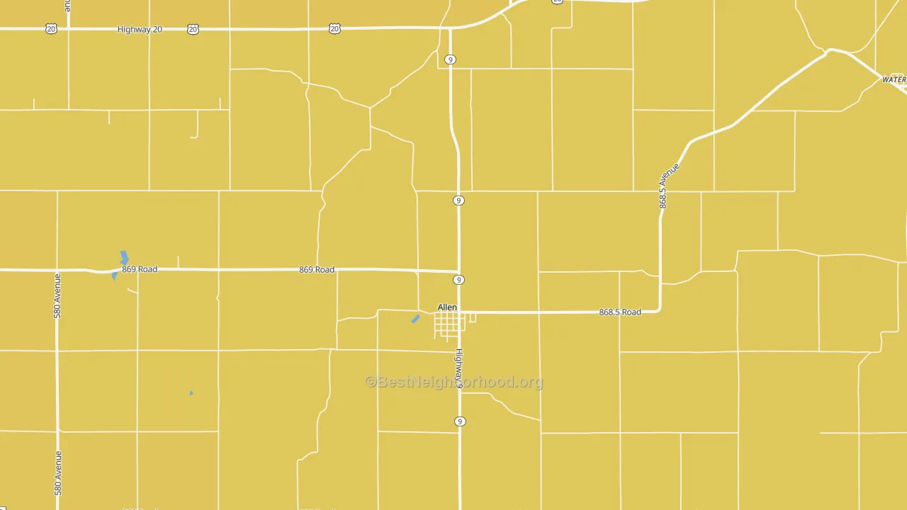 Map of the best neighborhoods in the 68710 area, with better matches in green and worse matches in red